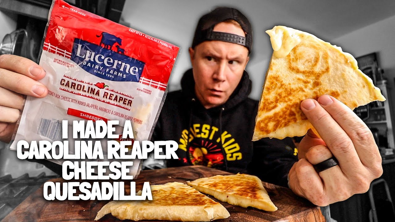 Eating a Lucerne Dairy Farms Carolina Reaper shredded cheese quesadilla 🌶️🧀