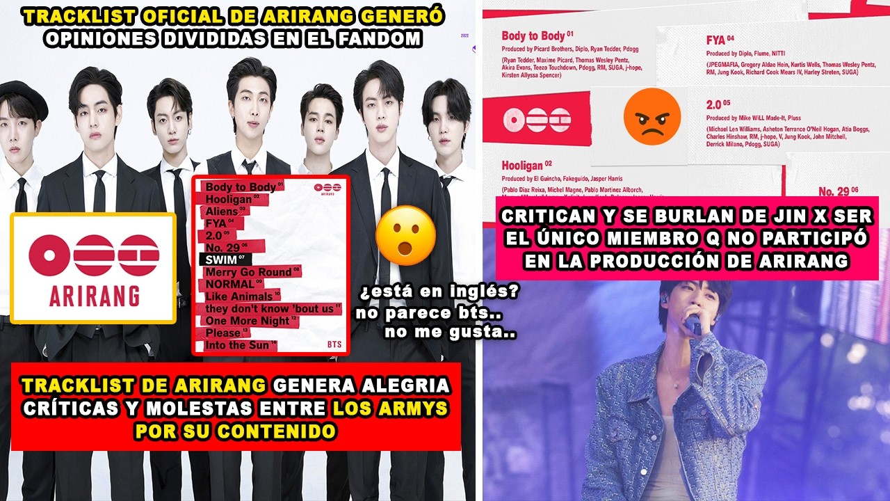 😮TRACKLIST DE ARIRANG GENERA OPINIONES DIVIDIDAS/JIN BURLADO X NO TENER CRÉDITOS EN ARIRANG SONGS