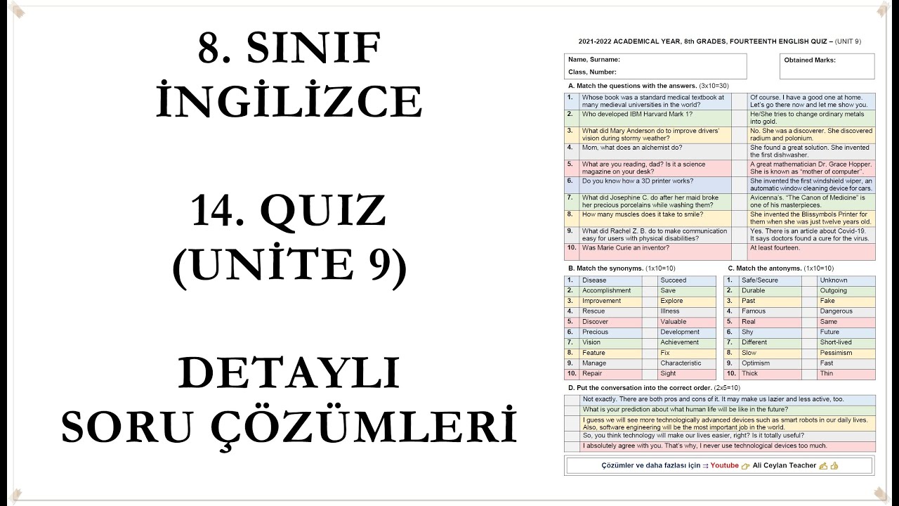 İngilizce, 8. Sınıf, 14. Quiz ve Detaylı Çözümleri (Ünite 9) #Lgs #İngilizce