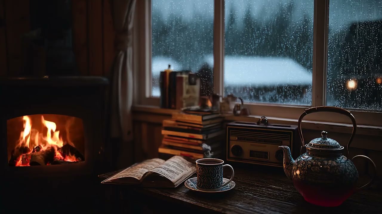 Rainy Day in a Warm Country Kitchen 🌧️ Fireplace Sounds for Relaxation