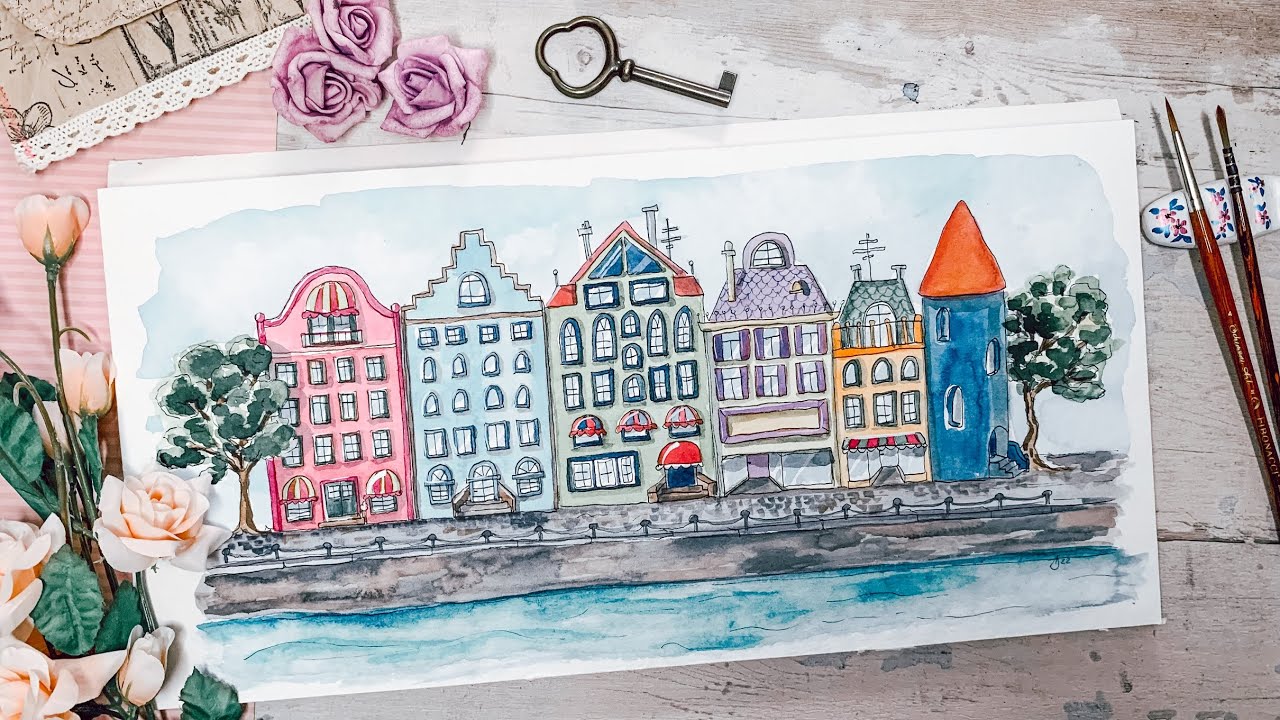 Aquarell malen / Amsterdam Häuser Reihe / Urban Sketching