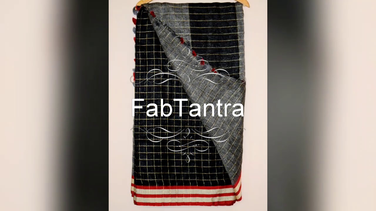 Original Pure Black Linen Saree with Golden Zari Checks. Grey accents on Pallu and Blouse Piece.