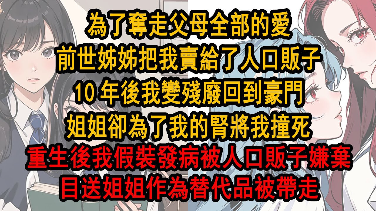 為了奪走父母全部的愛，前世姐姐把我賣給了人販子，10年後我變殘廢回到豪門，姐姐卻為了我的腎將我撞死，重生後我假裝發病被人販子嫌棄，目送姐姐作為 替代品被帶走，這一世，該輪到你獨享這福氣了！