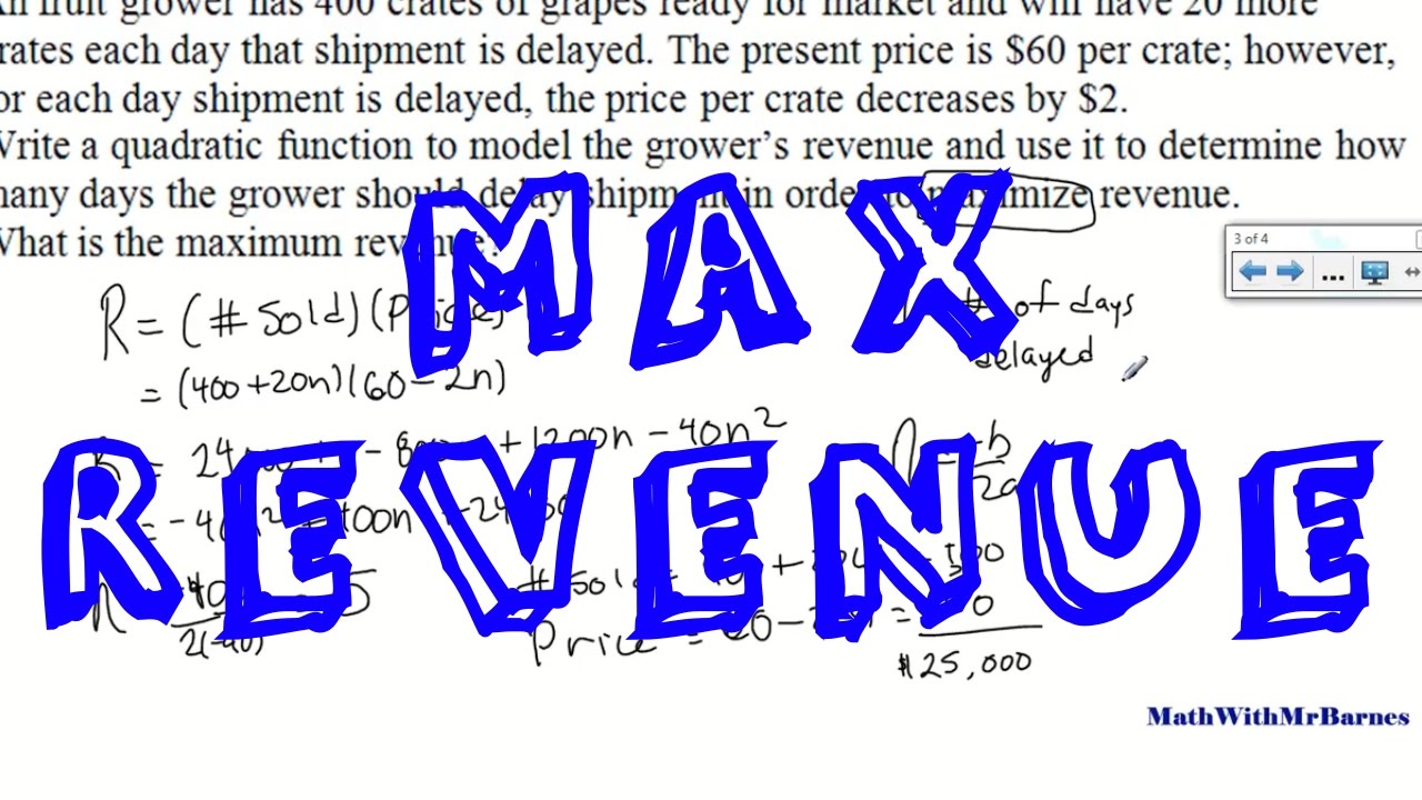 Maximum Revenue Quadratic Word Problems