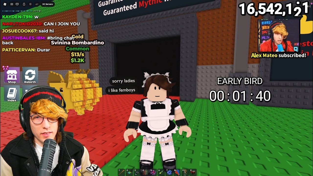 KreekCraft надел костюм горничной после потери способности Steel Brainrot в Roblox.