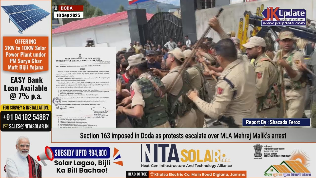 Section 163 imposed in Doda as protests escalate over MLA Mehraj Malik's arrest