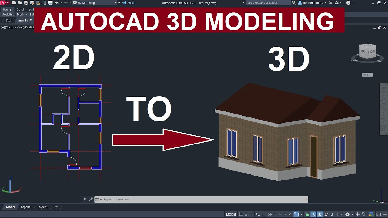 اتوكاد للمبتدئين تحويل مسقط أفقى من ثنائي الابعاد الى ثلاثى الابعاد  Autocad 2D To 3D