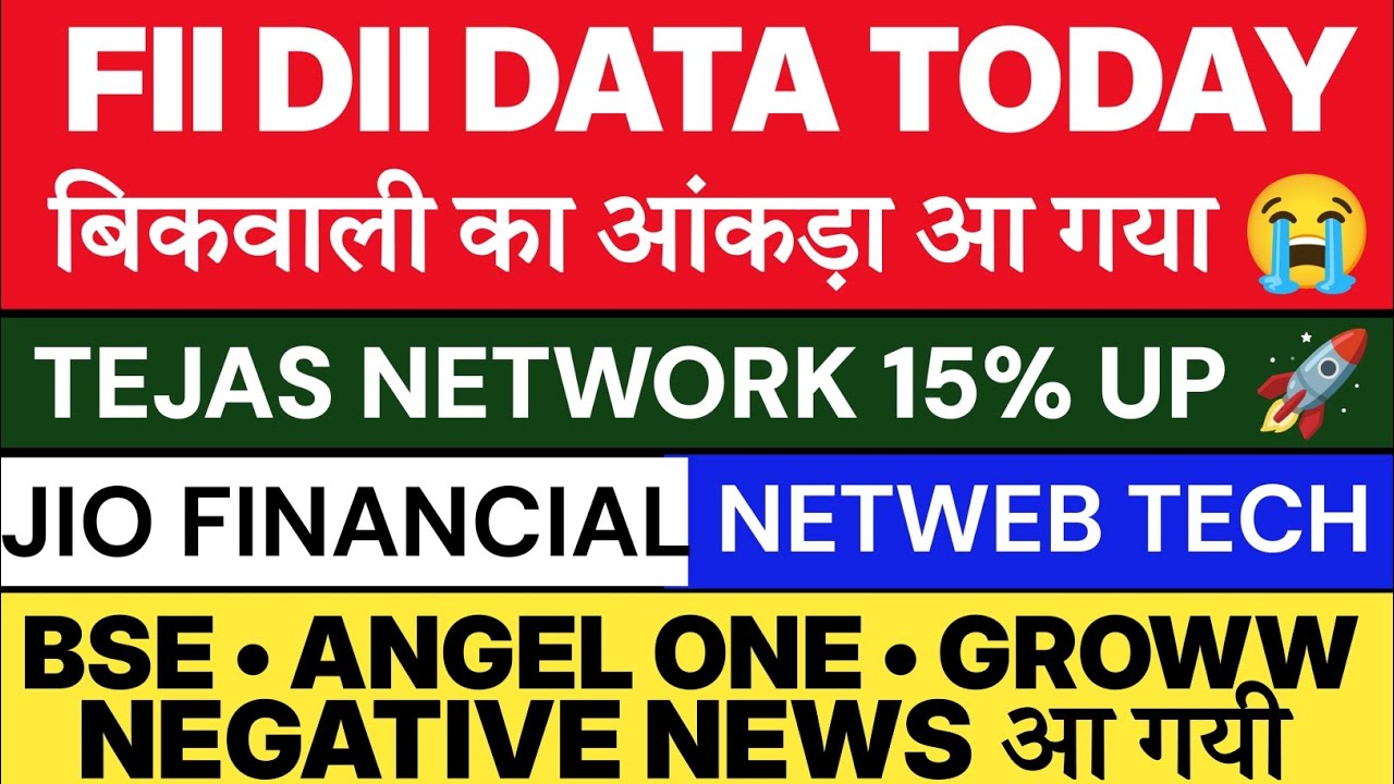 FII DII DATA ANALYSIS 🔴 TEJAS NETWORK 15% UP 🚀| JIO FINANCE ⚫ NETWEB TECH ⚫ BSE SHARE ⚫ GROWW