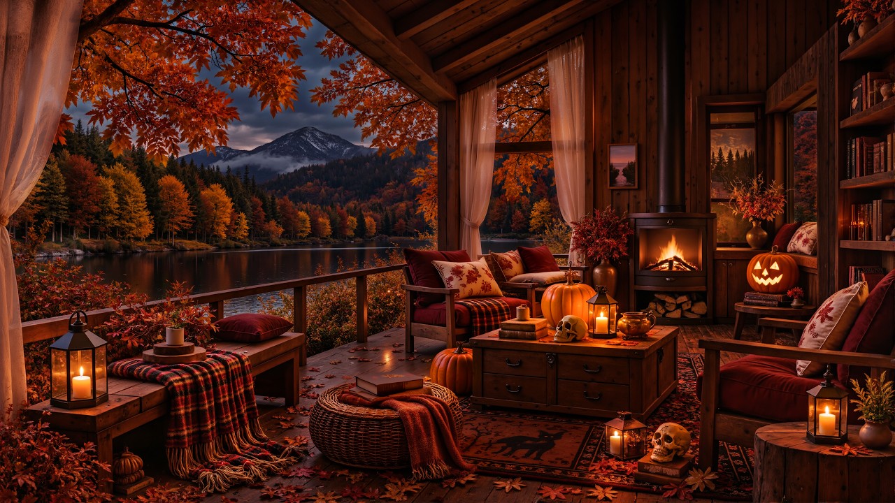 A Cozy Fall Night by the Lake 🎃 | Porch Jazz, Pumpkin Glow, Fireplace & Autumn Leaves