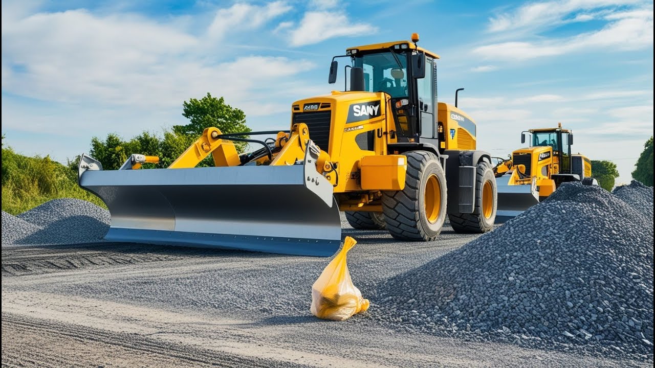 The video shows road construction equipment working on leveling gravel in the road-building process