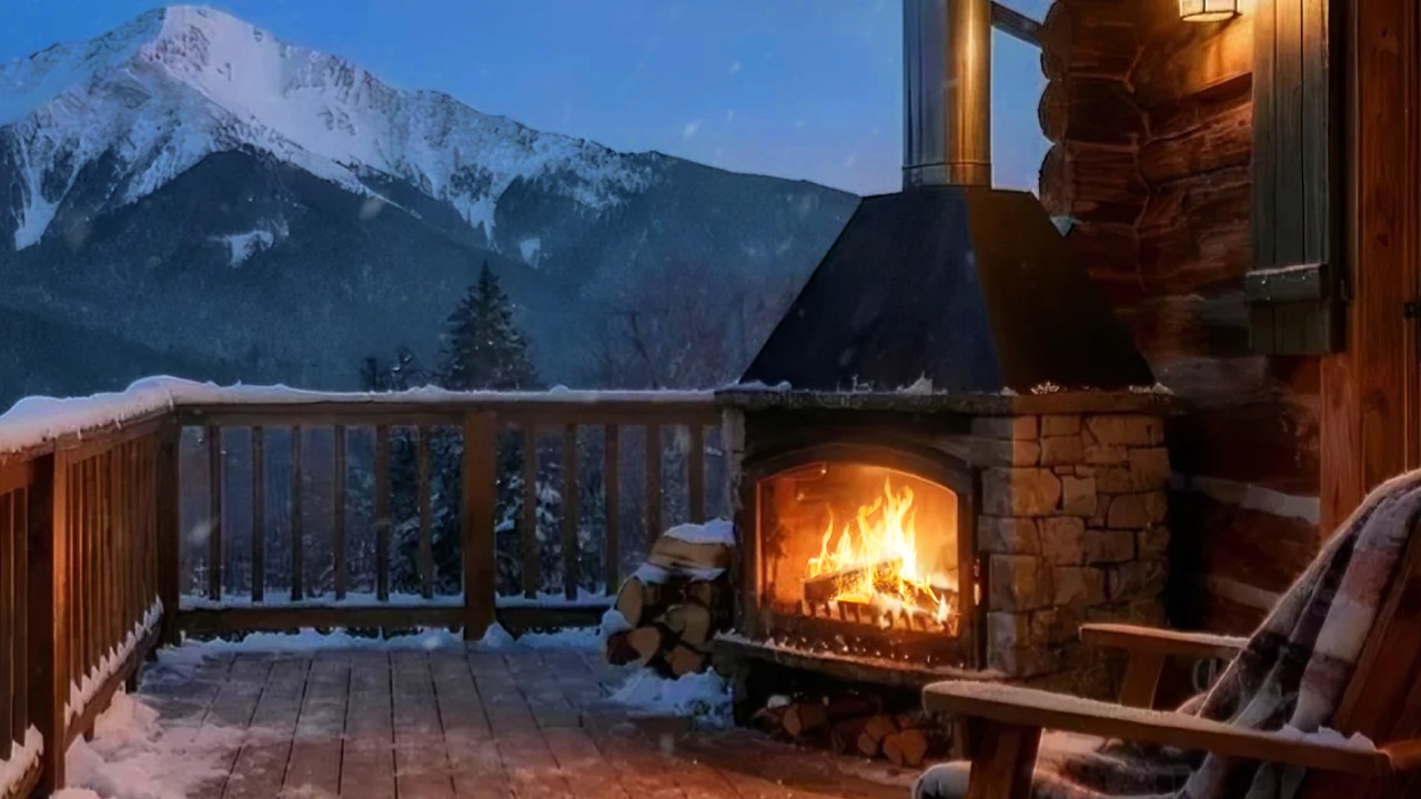Snowy Mountain Cabin Fireplace ❄ Cozy Winter Night | Soft Piano Ambience