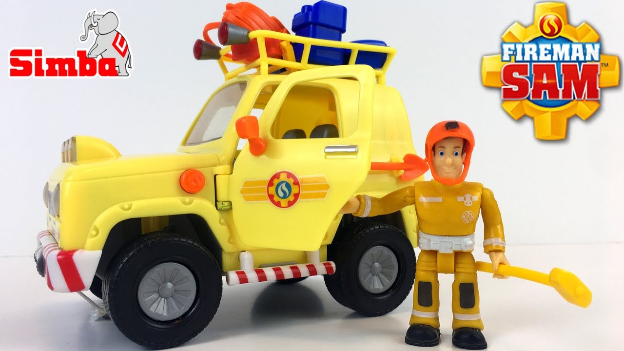 FIREMAN SAM TOMS 4X4 RESCUE VEHICLE WITH SPARE TYRE ACCESSORIES AND REAL WORKING CAR HEADLIGHTS