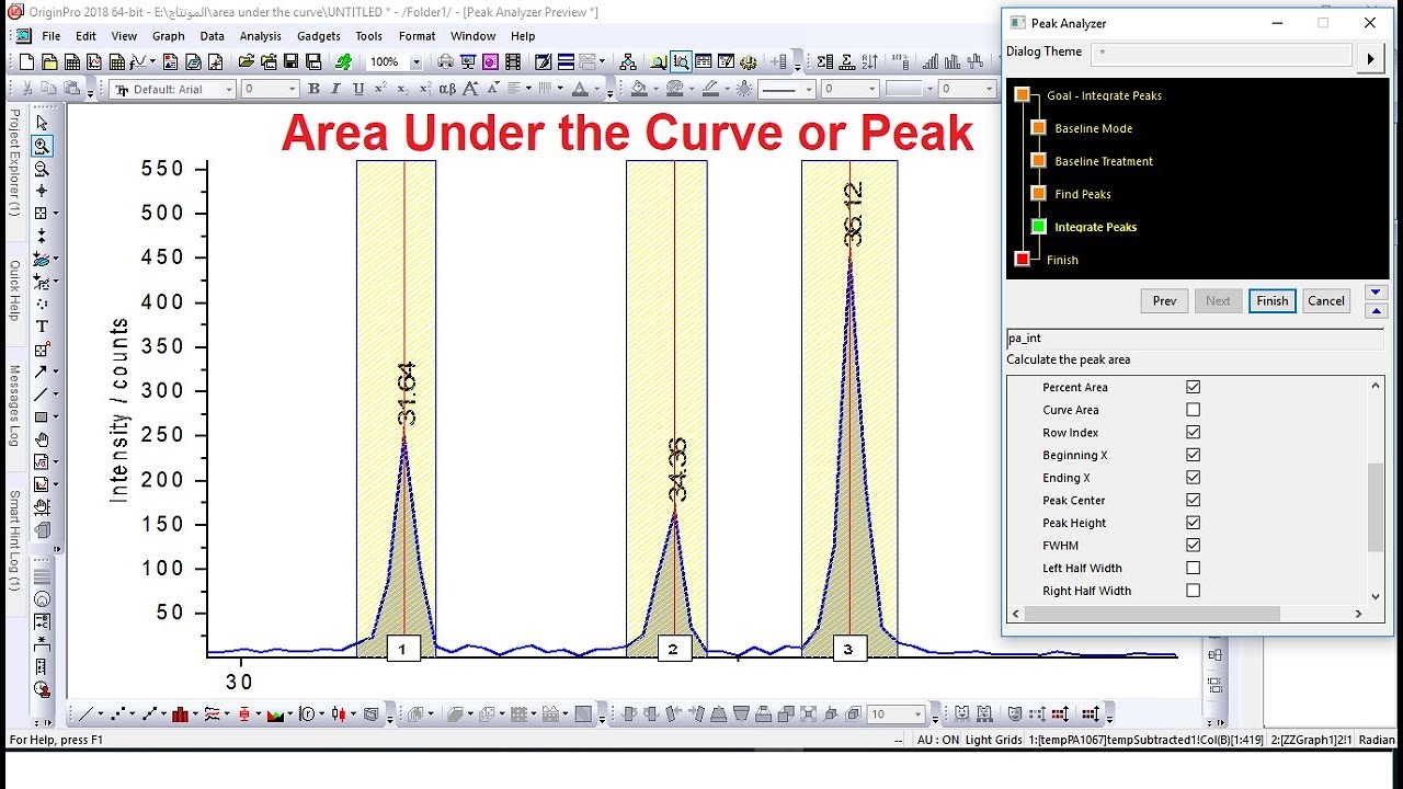 How to calculate area under the curve  using Origin software