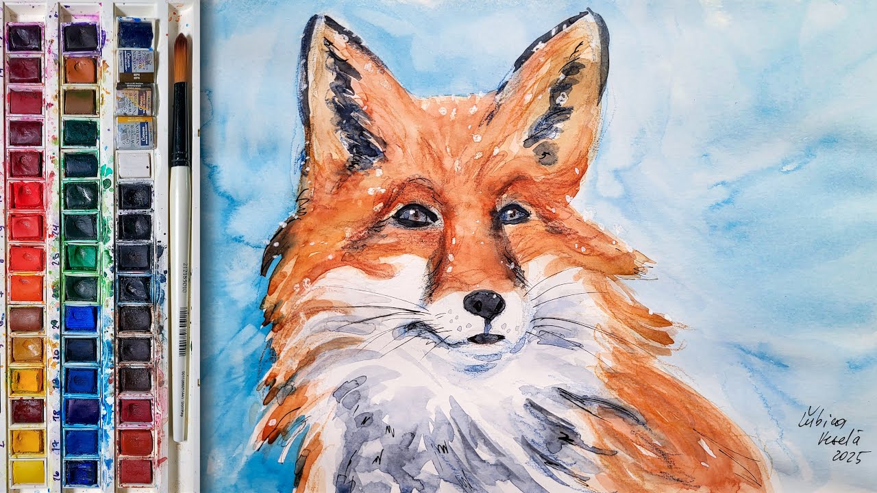 Watercolor Winter Fox - Create Snow Details with Wax Pencil & Gouache