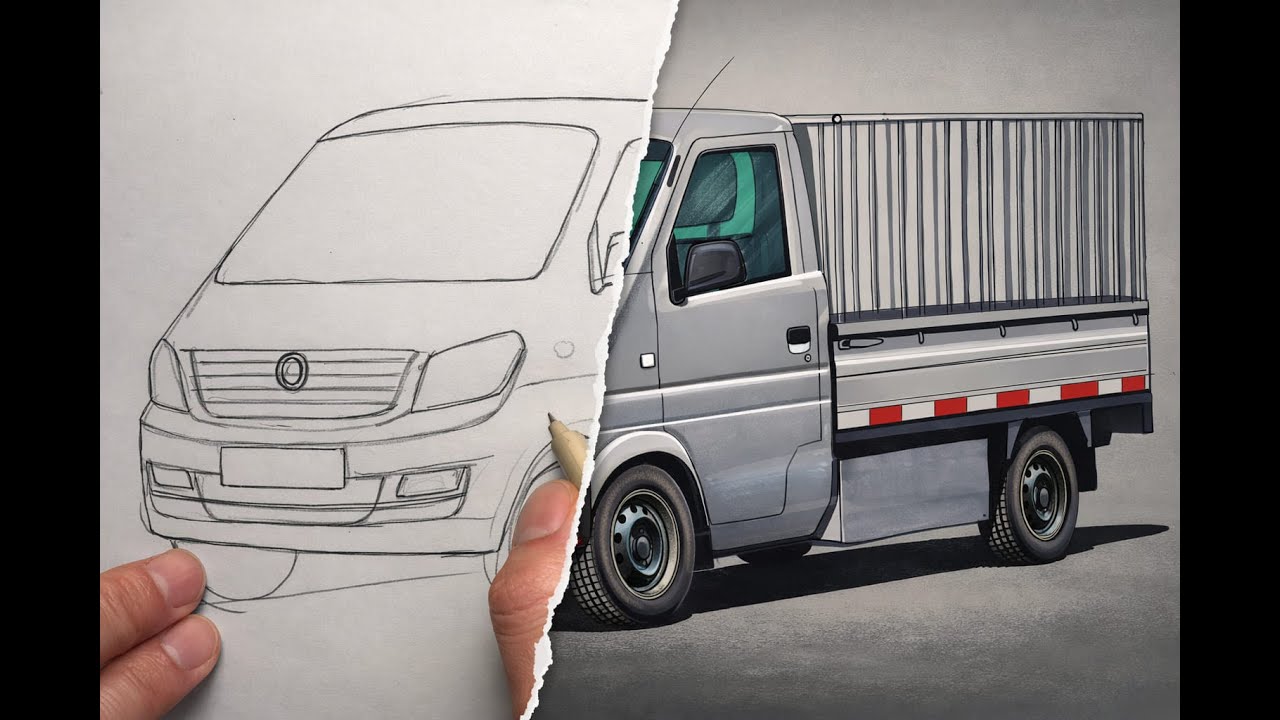 From Sketch to Reality  Drawing a Realistic Light Truck with Markers  Art On Wheel