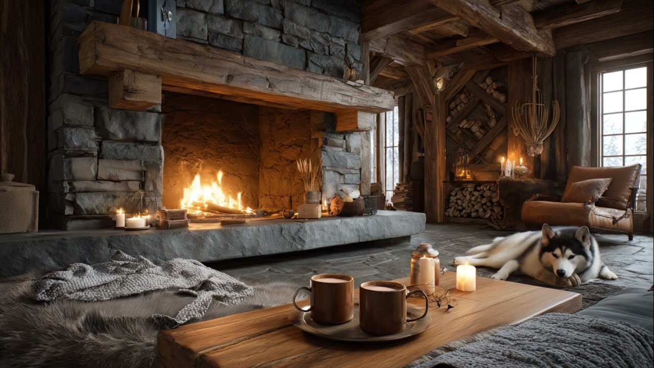 Mountain Cabin Fireplace Ambience 🔥 Husky | Hot Cocoa • Candles + Crackling Fire | ADHD Focus (6 H)