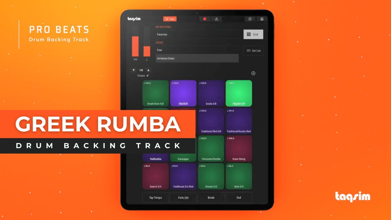 20 Minute Greek Rumba Drums Backing Track - 100 BPM - iOS Pro Beat Drum Loop Machine App