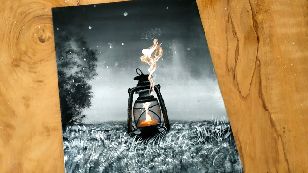 Black & White- Acrylic  Realistic Lantern in a snowy Winter Night Forest/Lamp Painting for Beginner