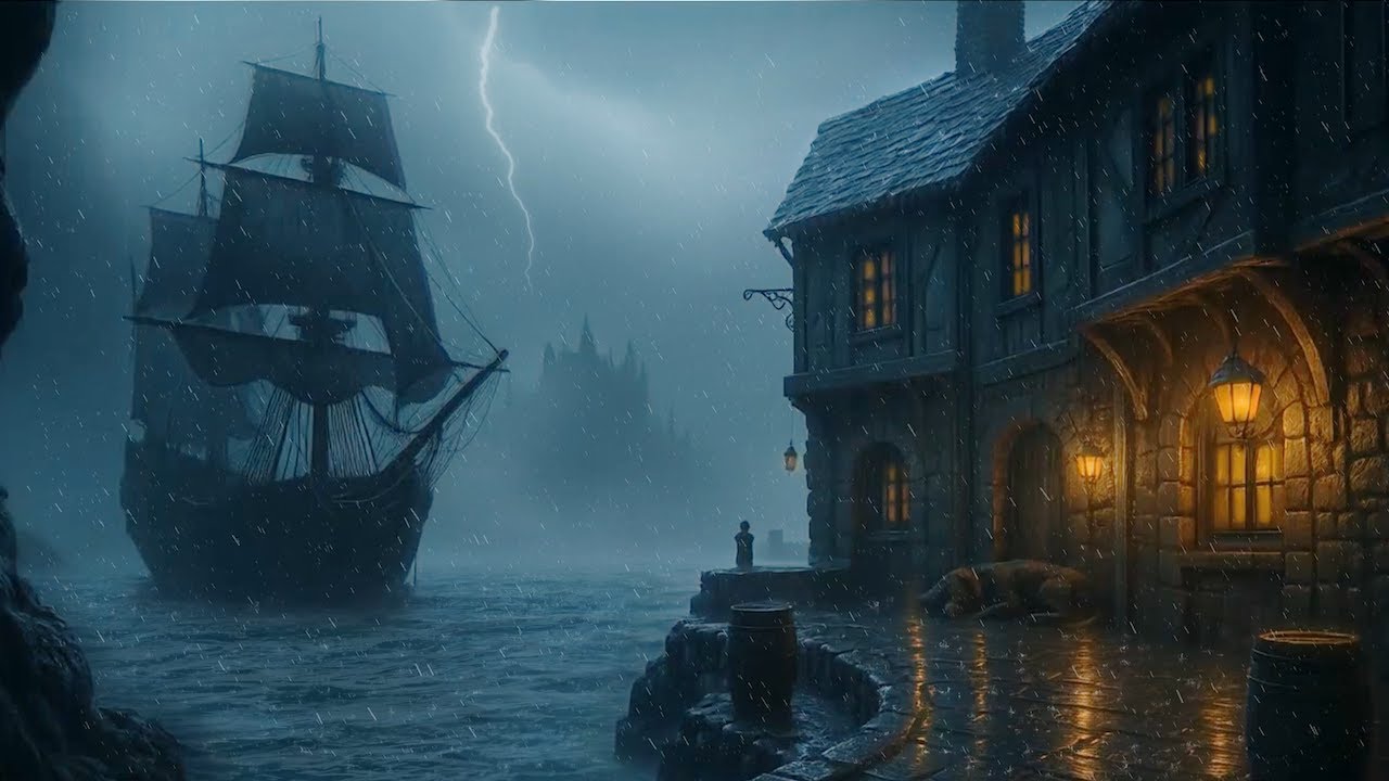 Stormy Pirate Harbor Ambience | Heavy Rain Thunder & Ocean Sounds for Sleep & Relaxation 1 Hour ASMR