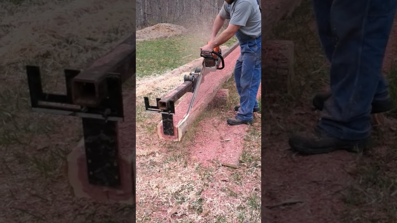 Cutting cedar on a chainsaw mill #chainsaw #cedar #sawmill #6x6 #stihl #homemade #diy