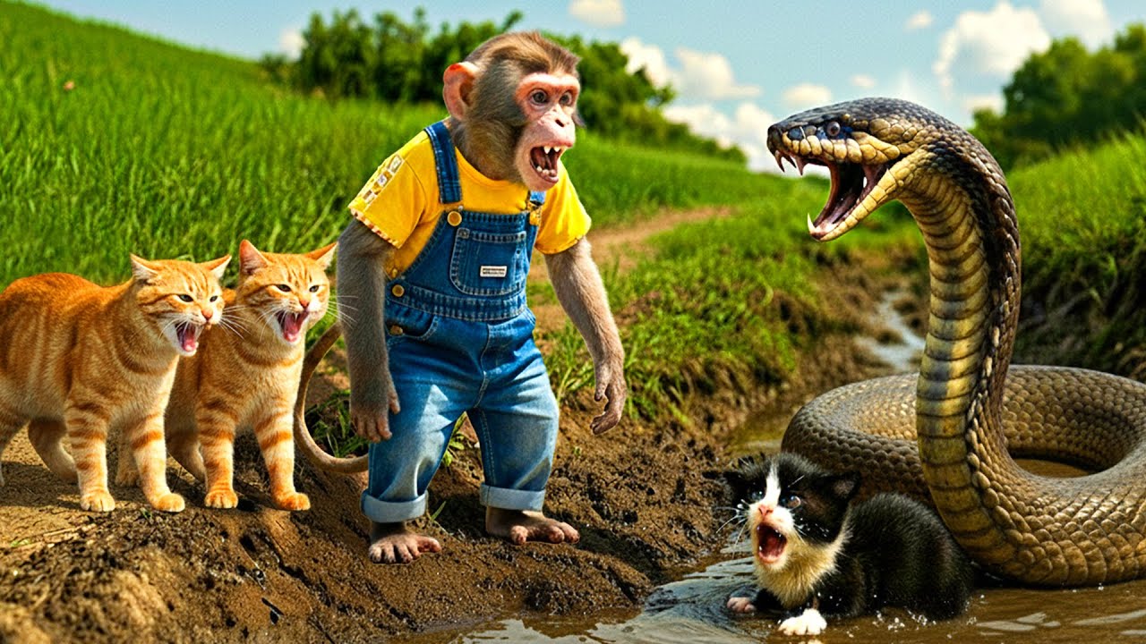 Monkey BonBon Saves Kitten lost Mama Cat Attacked by Snake 🐒🐱 Trims Fur on the Farm