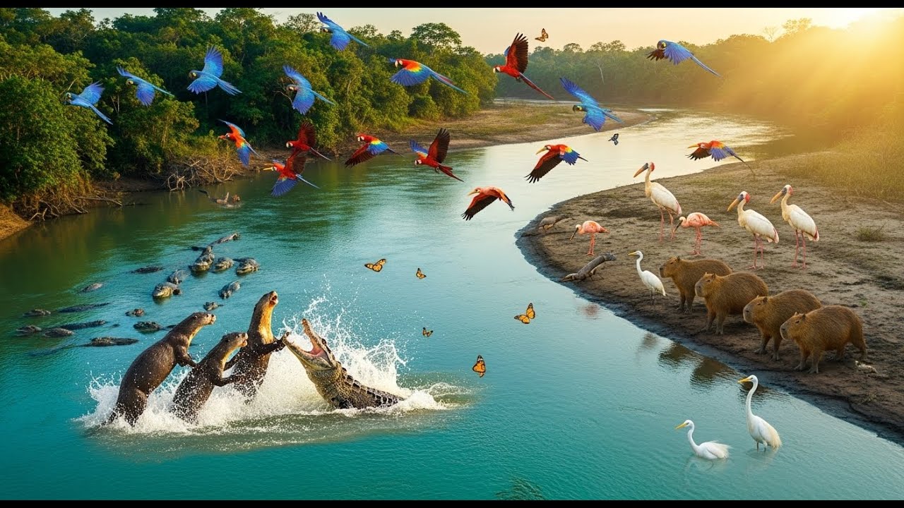 Giant Otter Hunting 4K | Pantanal Wildlife - Caiman & Jabiru ASMR