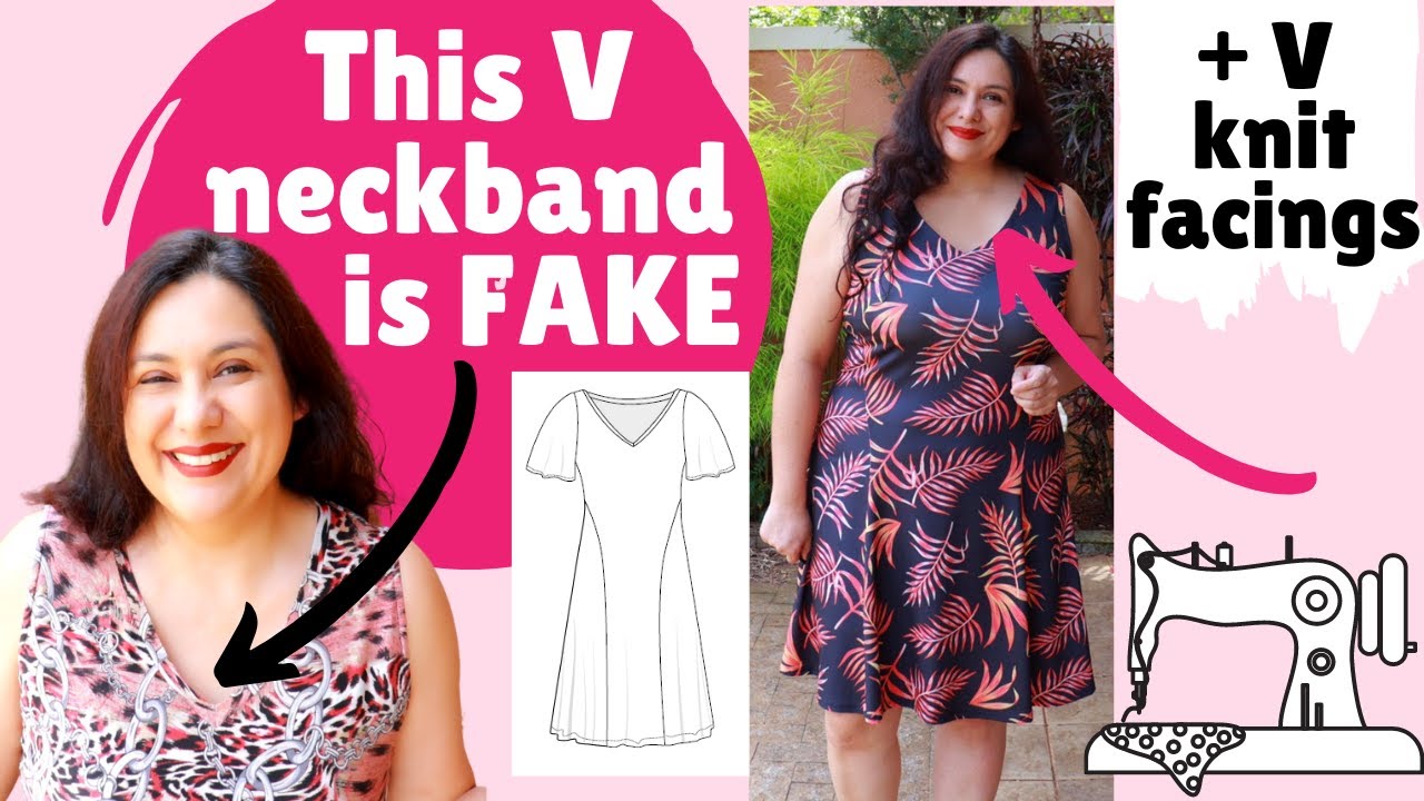 Fast & Easy FAUX V neckband & FACINGS for KNITS. 2 Claudia dresses (Sinclair Patterns). Godets.
