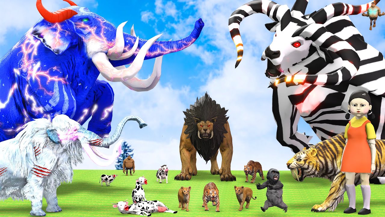 5 Giant Mammoth Elephant Cow vs 5 Giant Lion Wolf vs Zombie Elephant Attack Cow Baby With Squid game