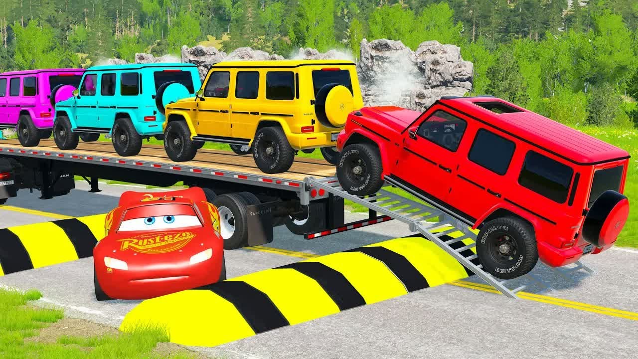 Flatbed Truck McQueen | Transportation with Truck - Pothole vs Car #58 | BeamNG.Drive Gameplay