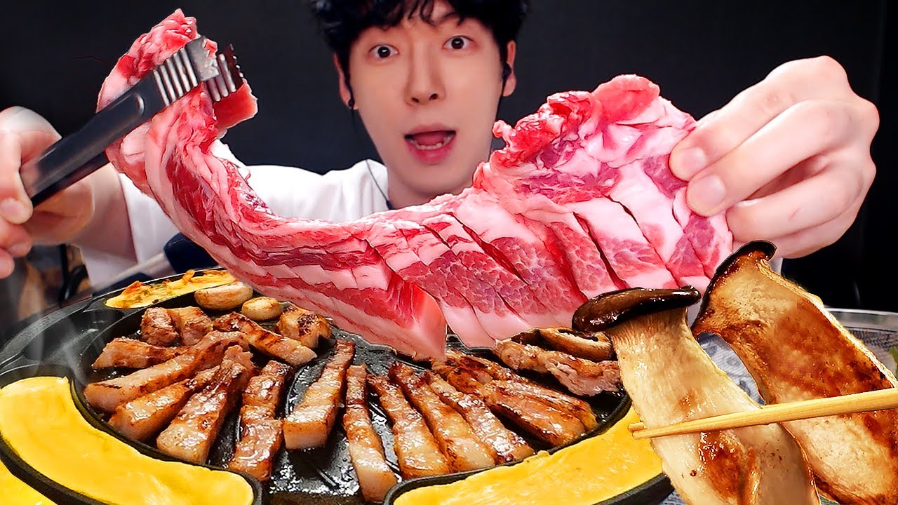 MUKBANG 칼집 삼겹살 먹방 삼겹쌈 버섯구이 집밥 (침줄줄) pork belly, Mushroom Mukbang thịt ba chỉ. サムギョプサル
