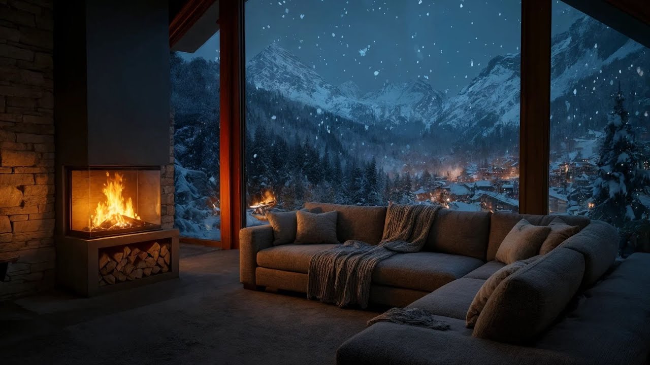 Cozy Winter Cabin Night with Crackling Fireplace | Falling Snow Ambience