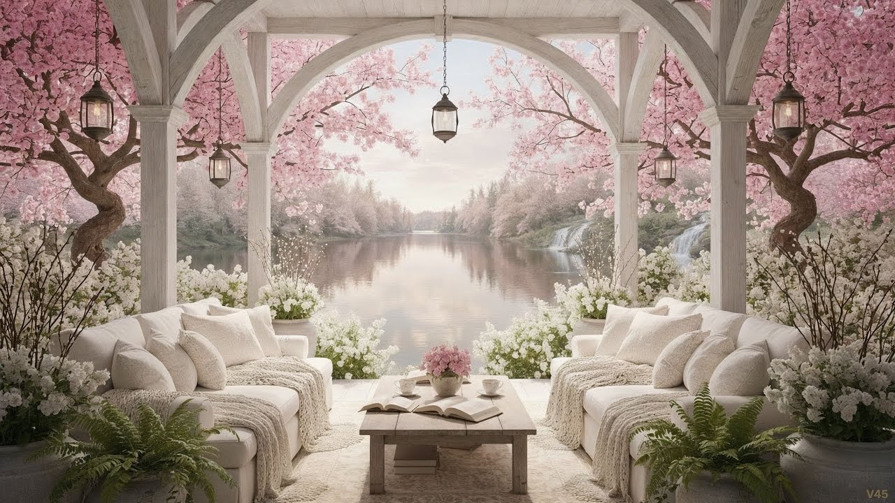 Quiet Morning Coffee at Cherry Blossom Lake | Soft Instrumental Music for Stress Relief Calm & Focus