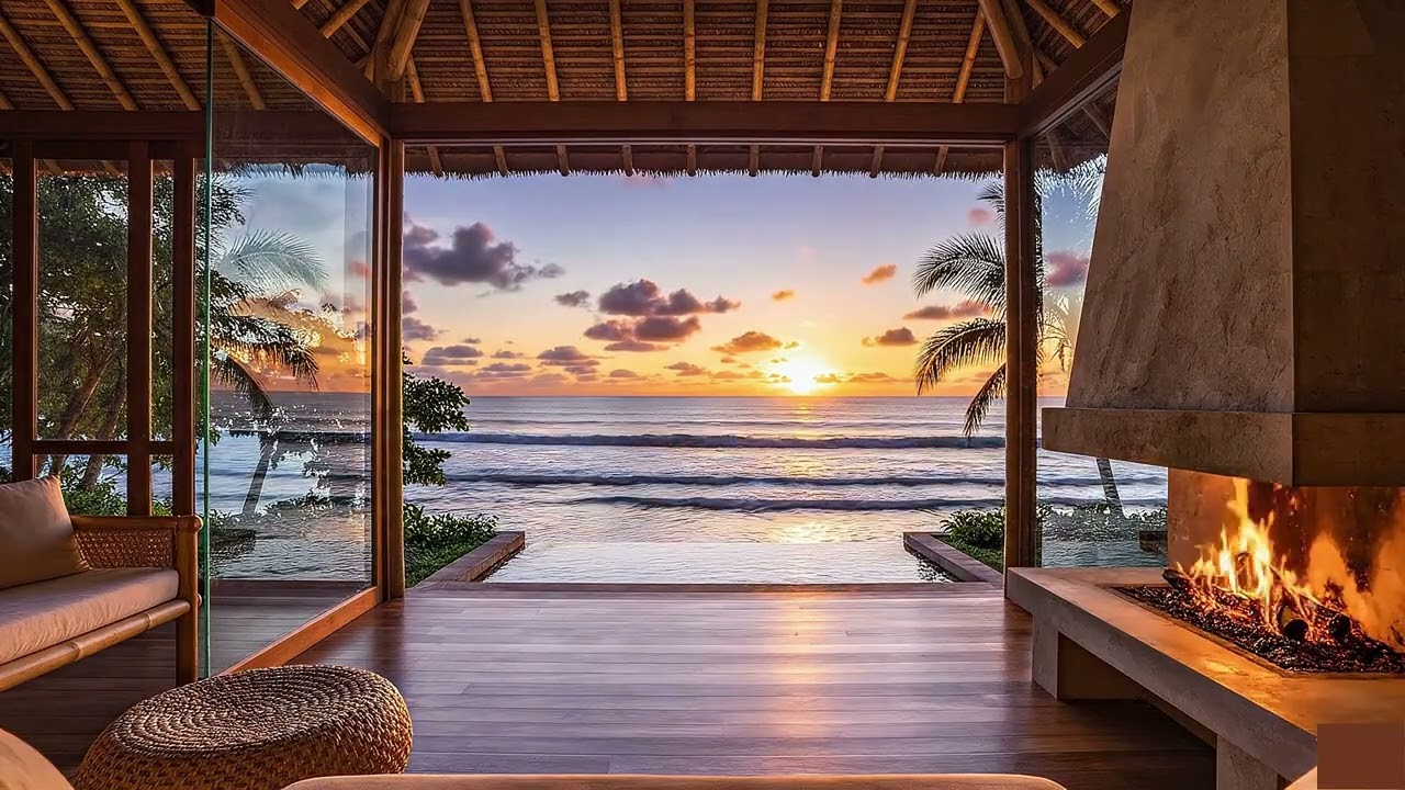 Ocean Waves in Glass House – Tropical Bali Sunset with relaxing ocean waves and fireplace