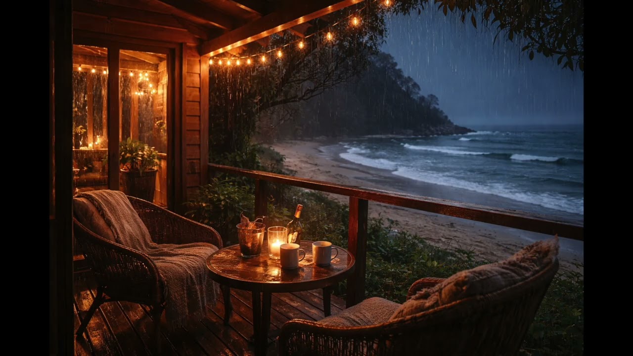 Gentle Waves After Dark with Light Rain — 8 Hours for Sleep