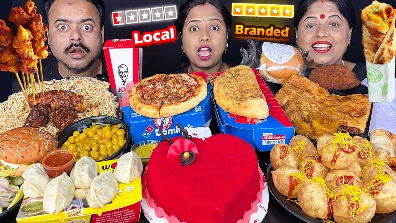 LOCAL vs BRANDED FOOD CHALLENGE - KFC CHICKEN vs DOMINOS PIZZA vs WOW MOMO vs MIO AMORE VIRAL EATING