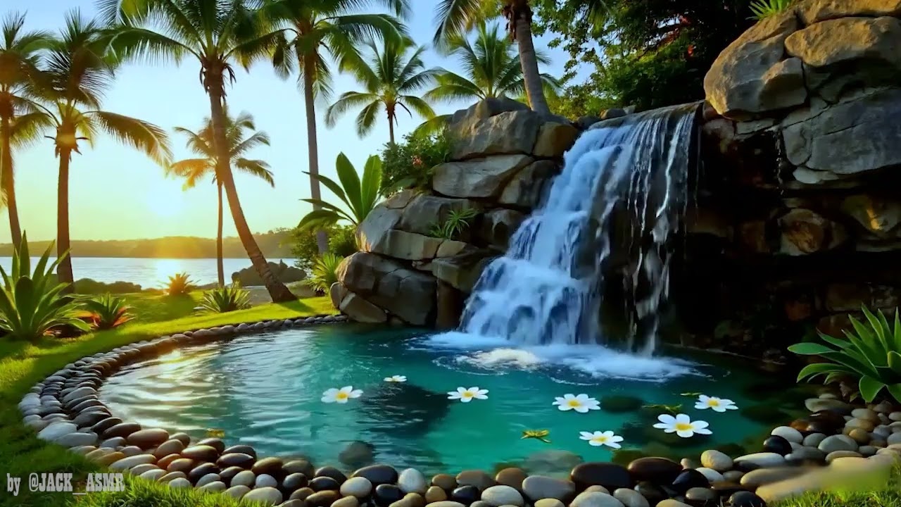 🌴 Tropical Paradise Waterfall at Sunset 🌊 Relaxing River Sounds