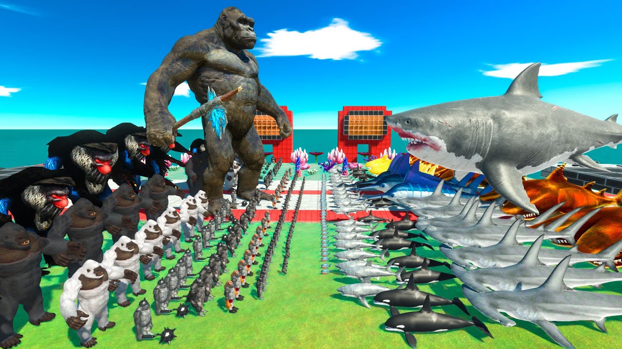 KONG VS MEGALODON War - KING KONG Family VS Team MEGALODON SHARK + AQUATICS Animal Revolt Battle