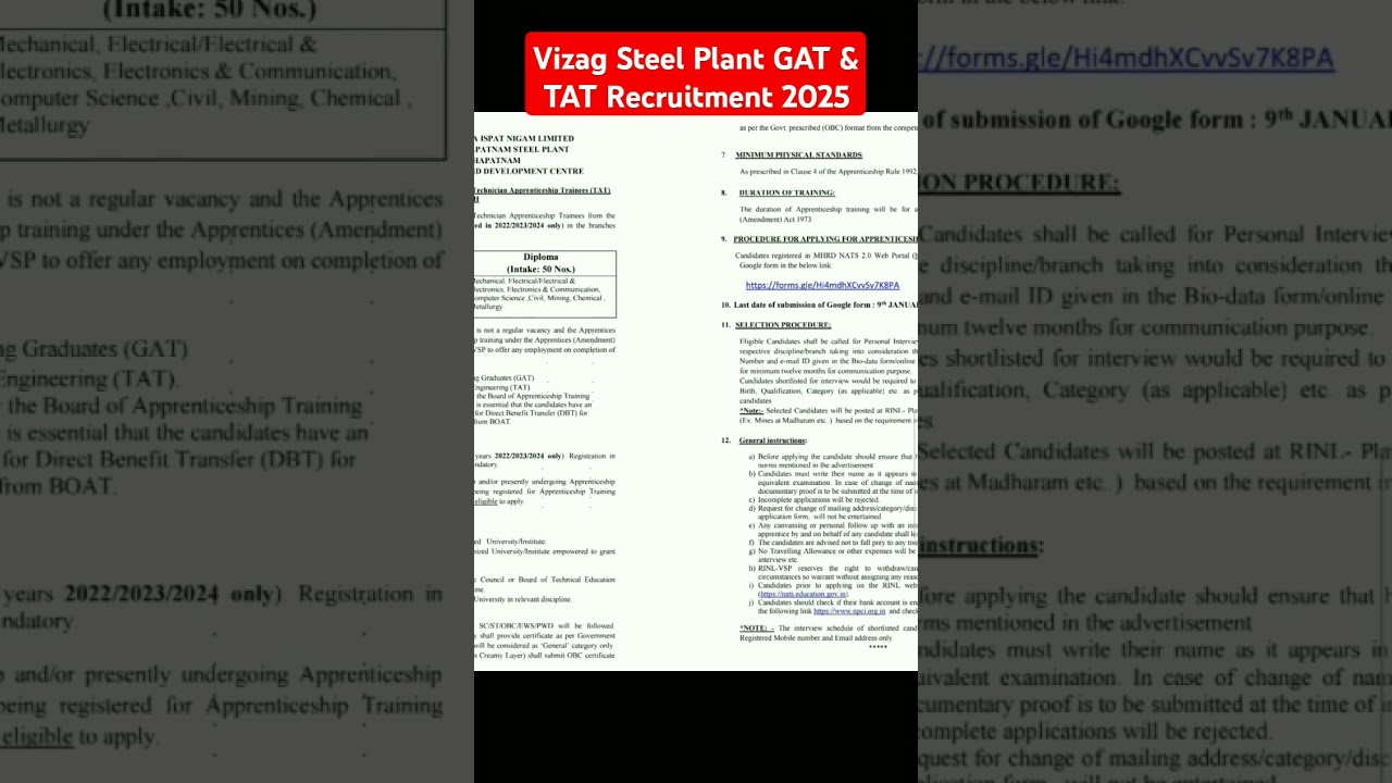 Vizag Steel Plant GAT & TAT Recruitment 2025 #vizag #steel #plants #gat_tat #recruitment