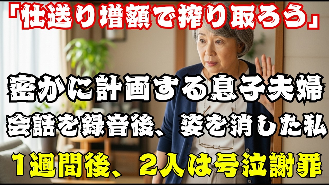 私の目の前で「仕送り増額」を企む強欲な息子夫婦。証拠を掴んで縁を切ったら、1週間後に泣き叫んでももう遅い。【60代以上の方へ】.