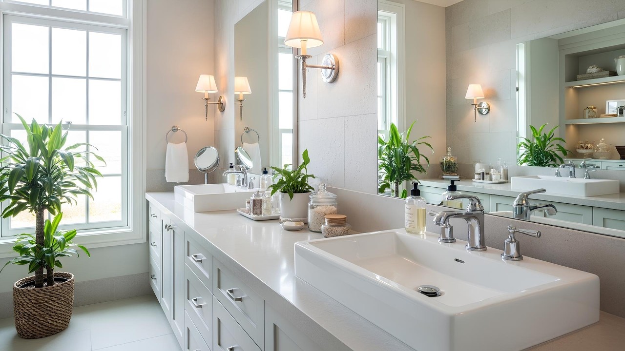 Bright Modern Bathroom With Double Vanity, White Sink, Green Plants and Large Mirror
