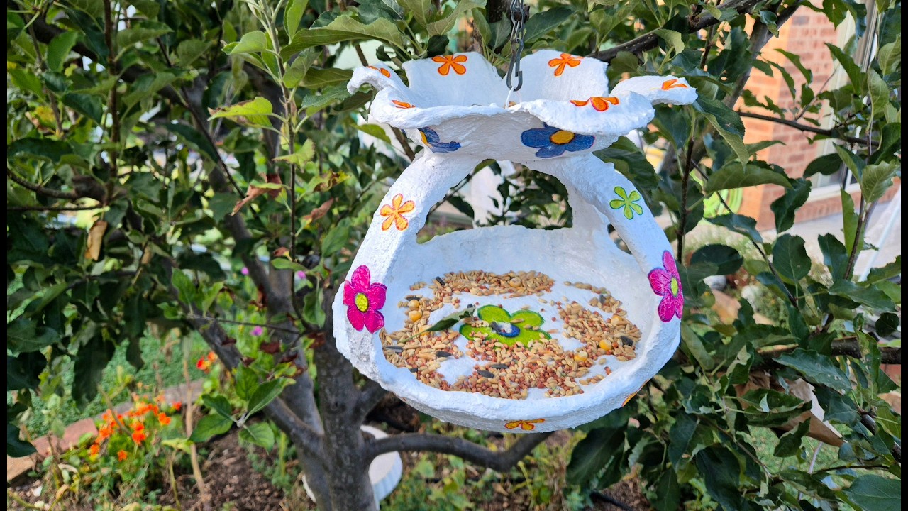 DIY Hanging Concrete Bird Feeder from Recycled Things with Decoupage
