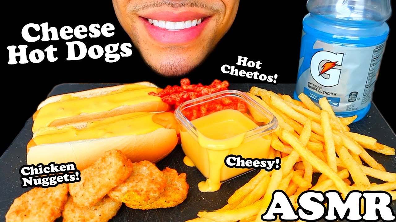 ASMR Cheesy Hot Dogs Chicken Nuggets Hot Cheetos Fries with Cheese Mukbang Jerry Eating