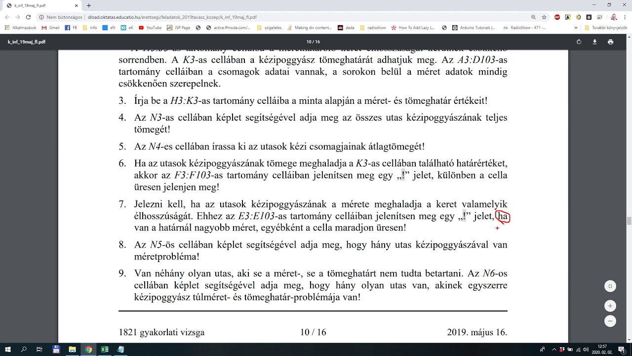 Informatika érettségi középszint - 2019. május 16. Poggyász - EXCEL