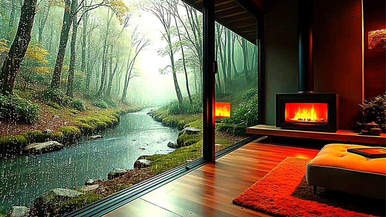 Cozy Bedroom Rainstorm – Fireplace and Rain Ambience for Sleep (8 Hours)