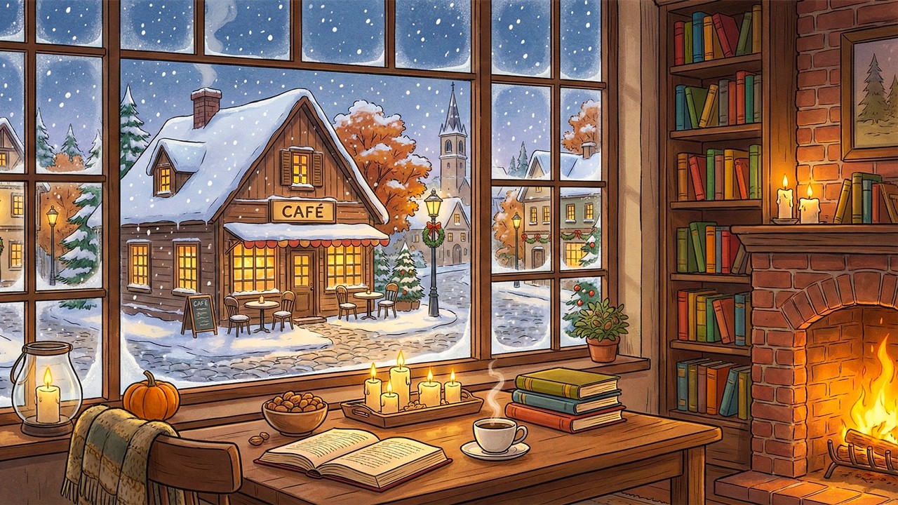 cozy 1940s winter coffee shop with vintage oldies playing in another room (crackling fireplace)