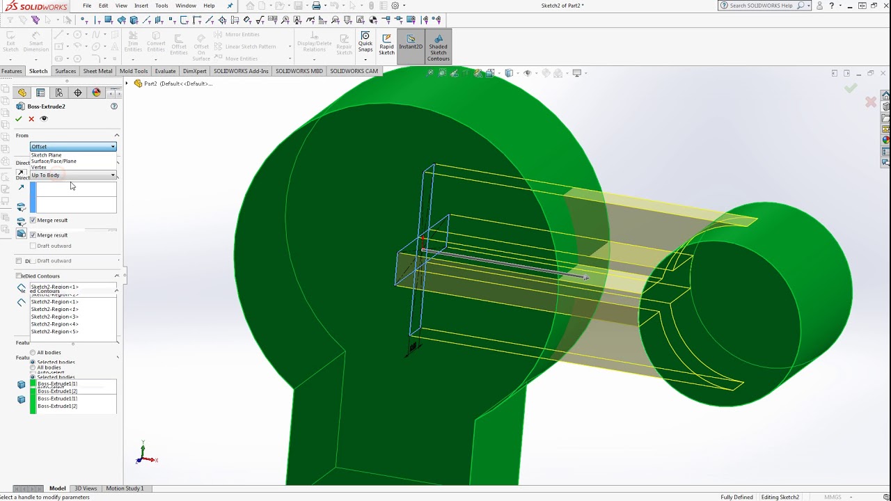 multi body  , offset from sketch plane & upto surface solidworks Tutorial 18