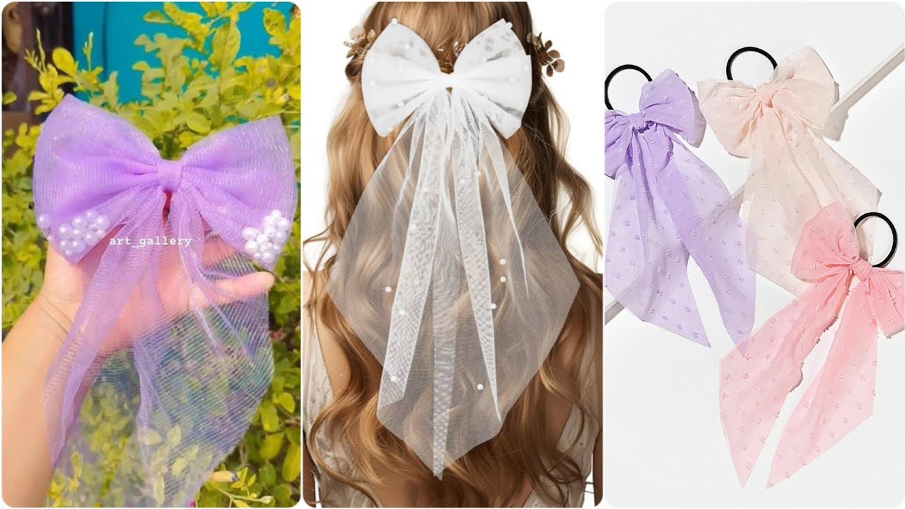 DIY Hair Bow with Pearls and 🎀 Net Cloth🦋#youtubeshorts #HairAccessories #diy#scrunchies#viral #diy