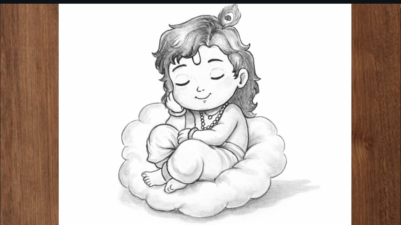 Cute Baby Krishna Sleeping on a Cloud Pencil Sketch – Easy Little Krishna Drawing