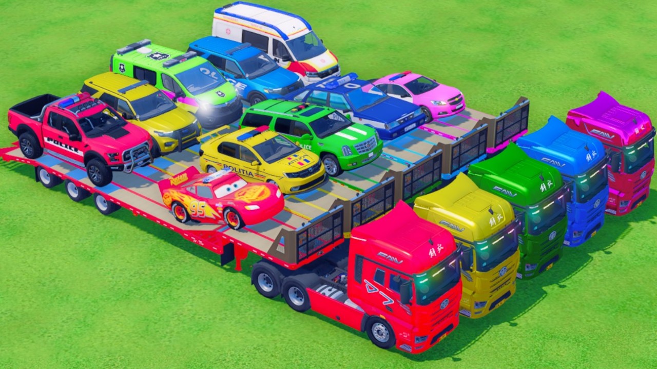TRANSPORTING ALL POLICE CARS and AMBULANCE EMERGENCY VEHICLES WITH MERCEDES POLICE TRUCKS #130