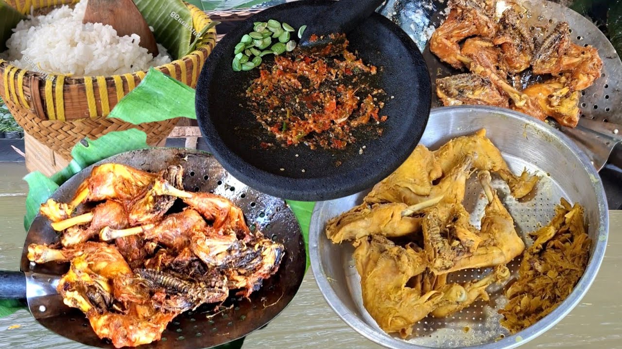 Pria desa pamer skill masak; Ayam goreng sambel gosrek tumis jagung pindang lalap sayuran